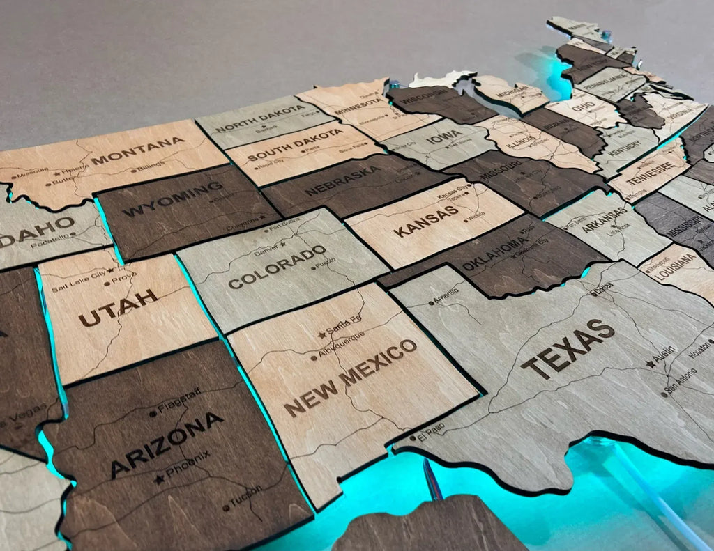 Карта США з дорогами на акрилі з підсвіткою RGB між штатами колір Memphis