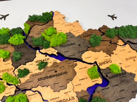 Деталізована багатошарова карта України з підсвіткою річок та по контуру і мохом колір Brut