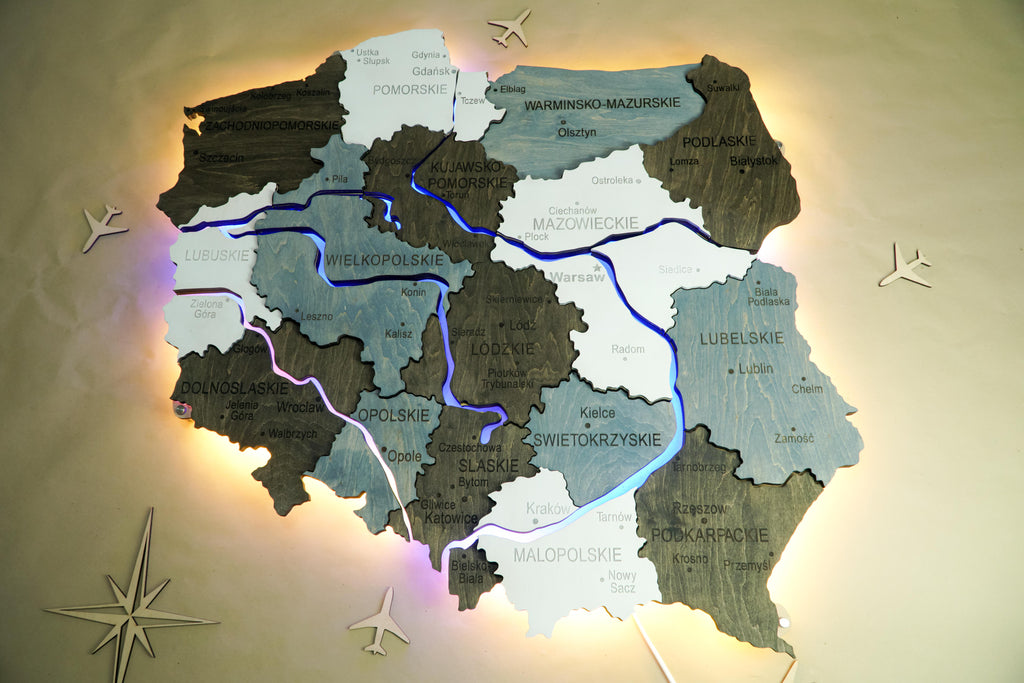 Дерев'яна багатошарова карта Польщі з підсвіткою річок та контуру, колір Loft