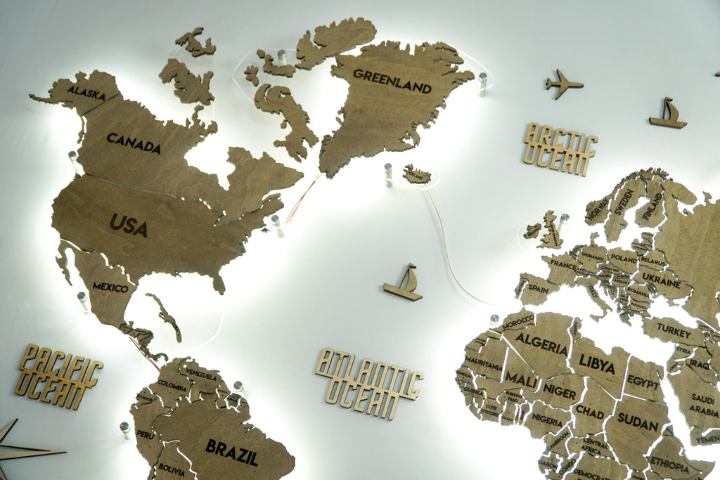 Одношарова карта світу з прозорою основою та підсвіткою між країнами колір Venge