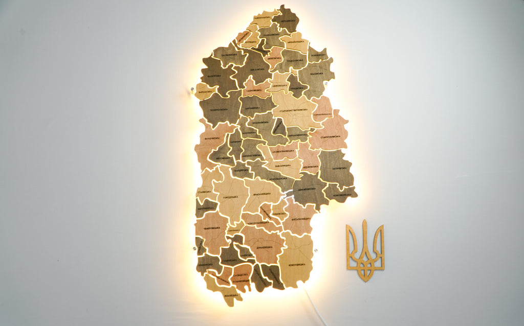 Карта Хмельницької області на акрилі, з підсвіткою між районами, колір Warm