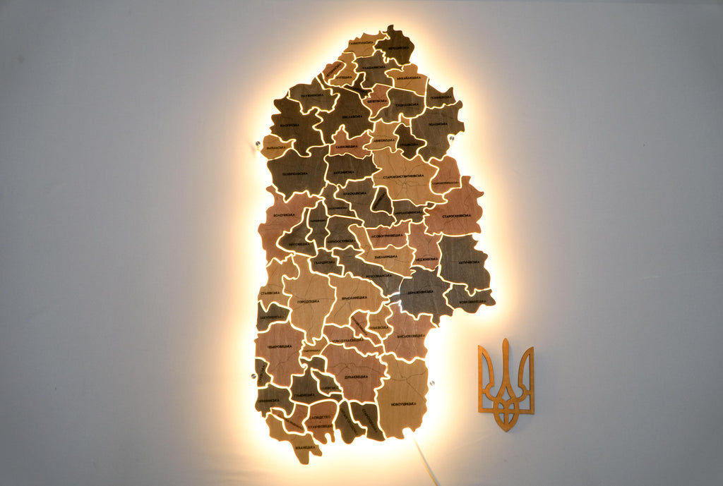 Карта Хмельницької області на акрилі з підсвіткою між районами колір Warm — Factura