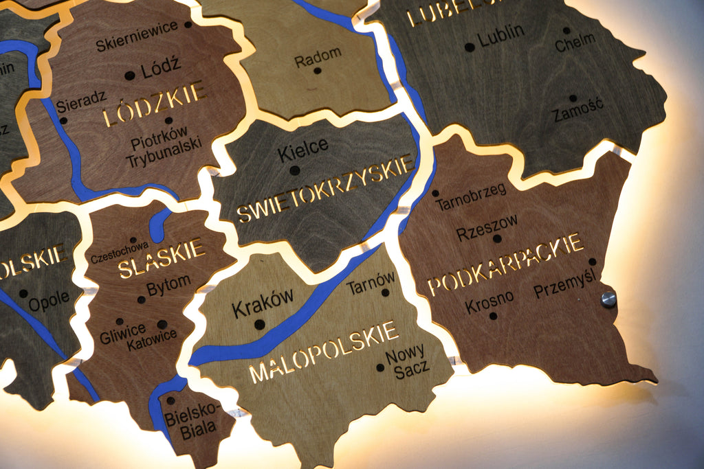 Карта Польщі на акрилі з підсвіткою між воєводствами та фарбованими річками колір Warm