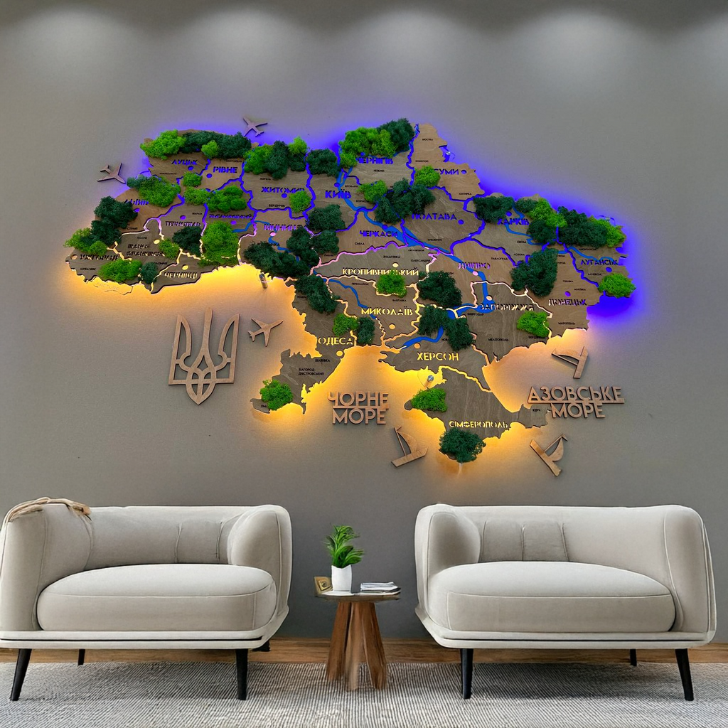 Карта України на акрилі з річками, мохом та підсвіткою між областями колір Light Tree