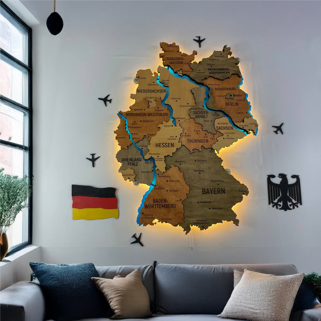 Багатошарова карта Німеччини з підсвіткою річок колір Warm