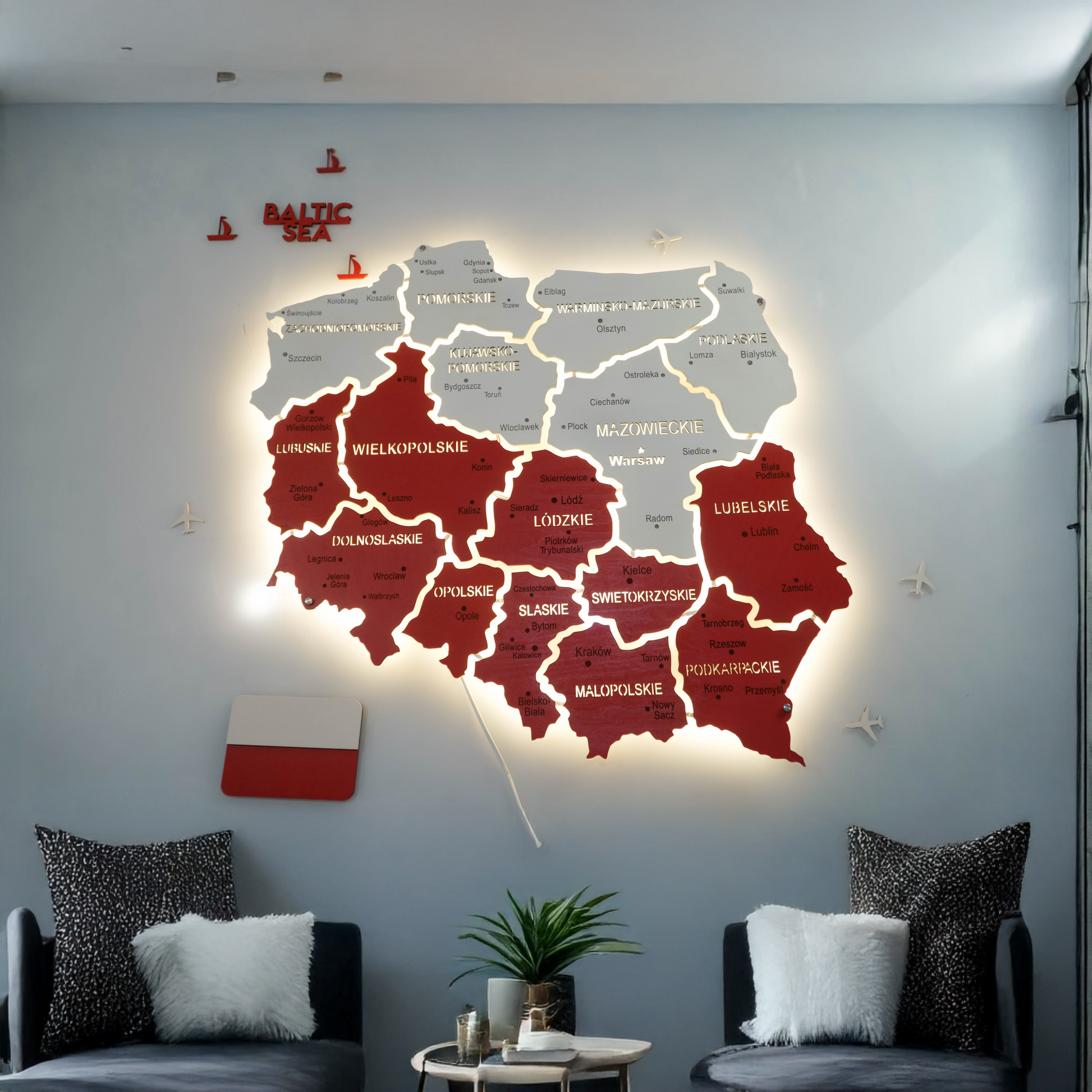 Карта Польщі на акрилі з підсвіткою між областями колір Flag