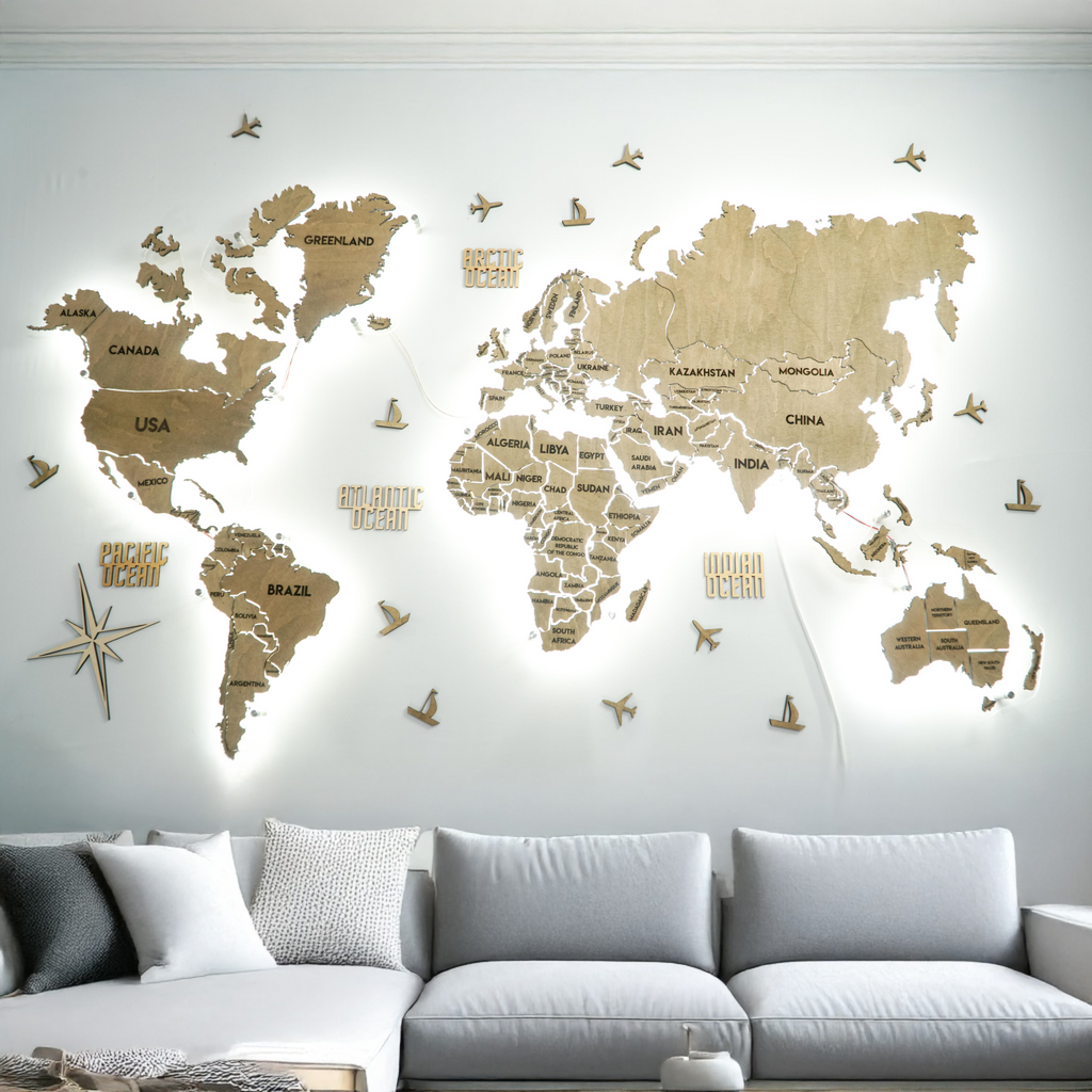 Одношарова карта світу з прозорою основою та підсвіткою між країнами колір Venge