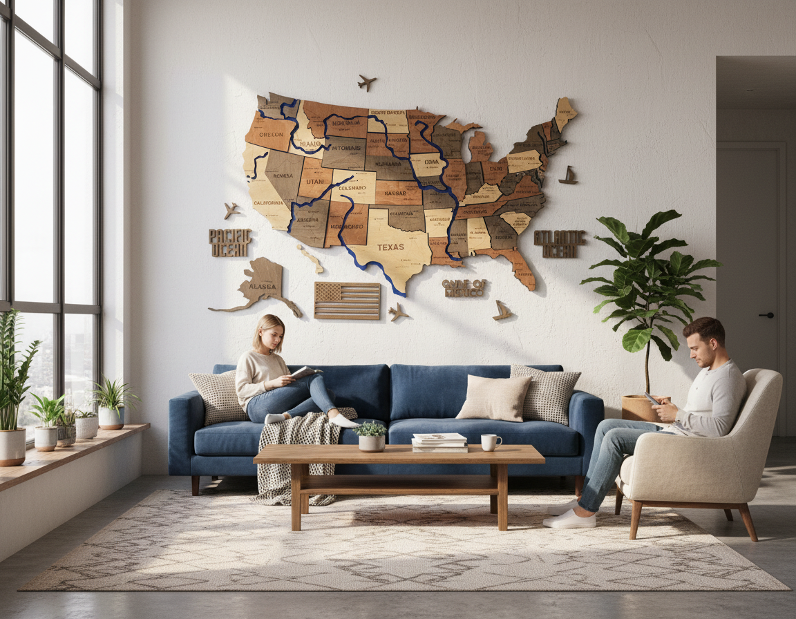 Багатошарова карта США з фарбованими річками та дорогами, колір Warm