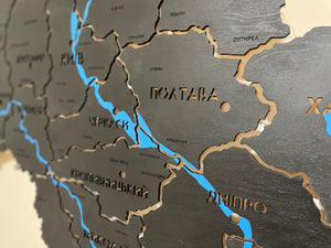 Карта України на акрилі з фарбованими річками та підсвіткою між областями колір Black