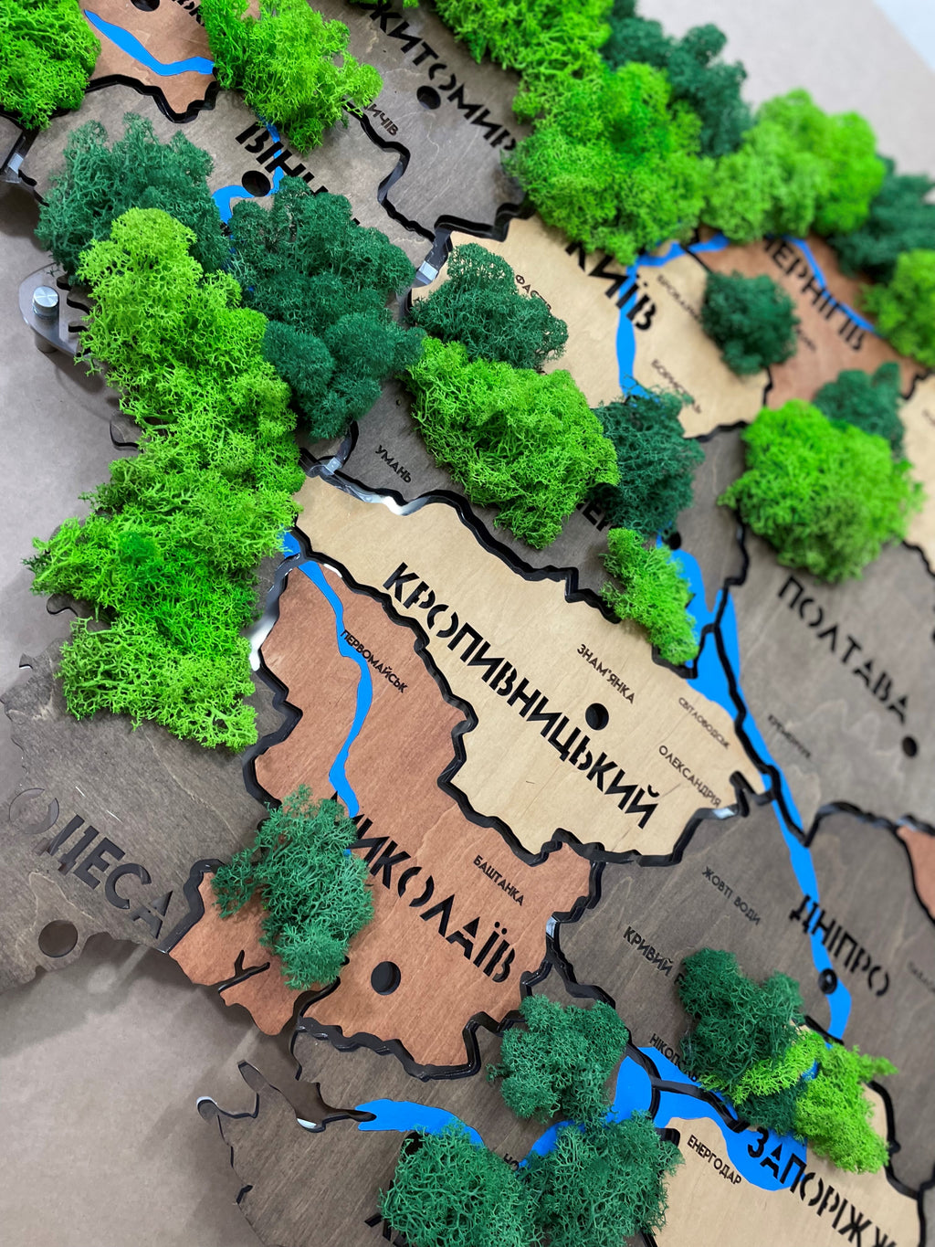 Карта України на акрилі з річками, мохом та підсвіткою між областями колір Warm
