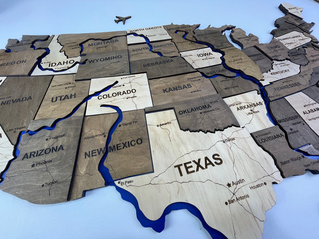 Багатошарова карта США з фарбованими річками та дорогами, колір Wonder