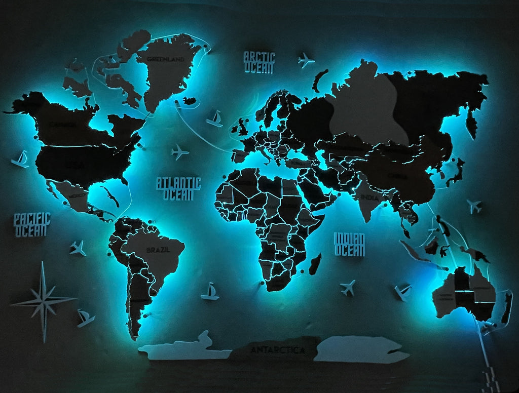 Одношарова карта світу з прозорою основою та RGB підсвіткою між країнами колір Grunge