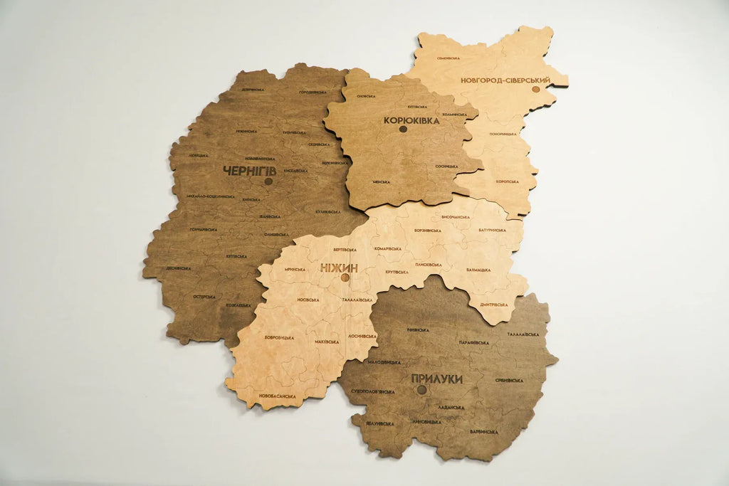 Багатошарова карта Чернігівської області з дерева, колір Палісандр