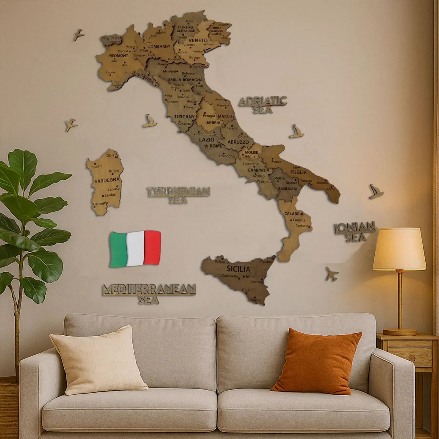 Багатошарова карта Італії з дерева, колір Rosewood