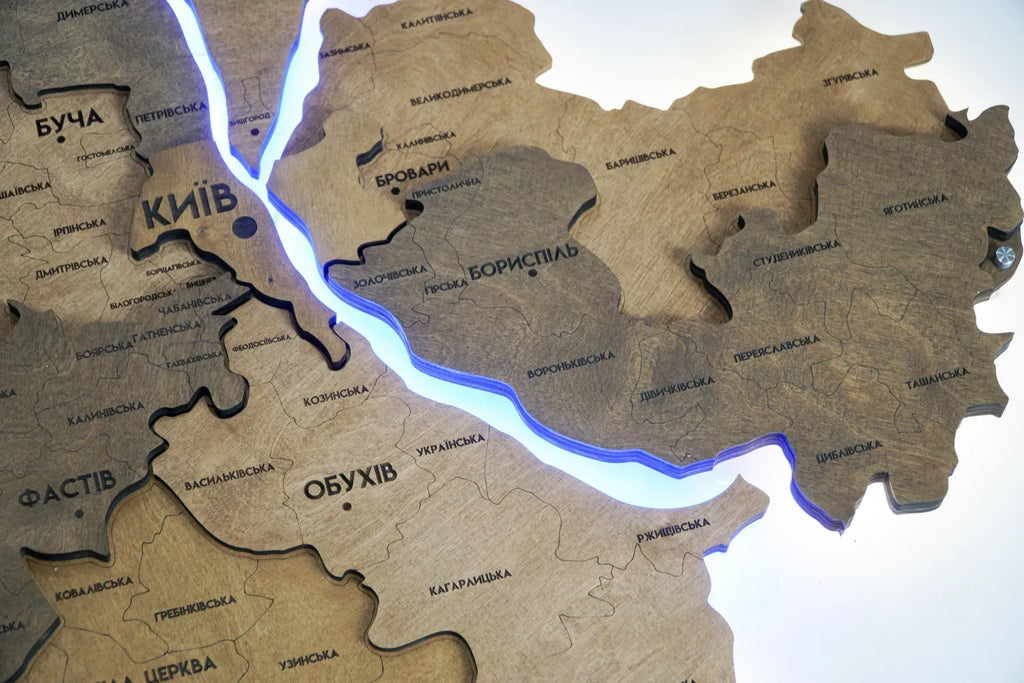 Багатошарова карта Київської області, з підсвіткою річок, колір Палісандр