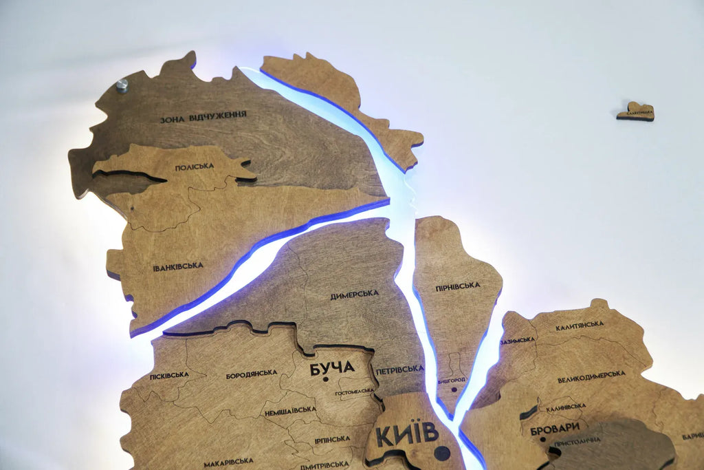 Багатошарова карта Київської області, з підсвіткою річок, колір Палісандр