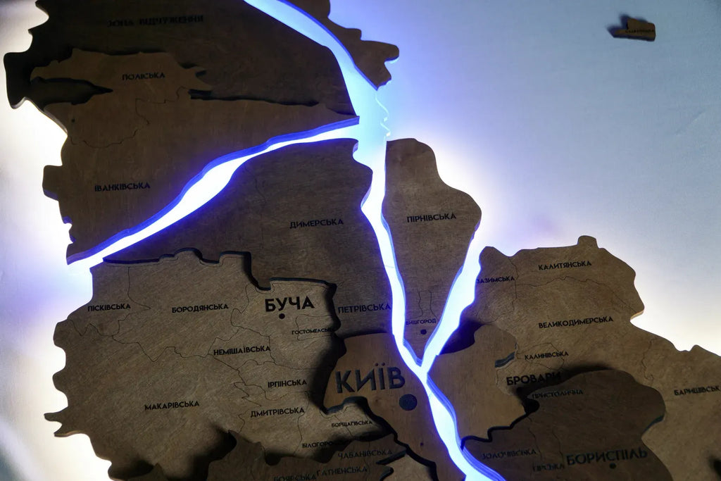 Багатошарова карта Київської області, з підсвіткою річок, колір Палісандр