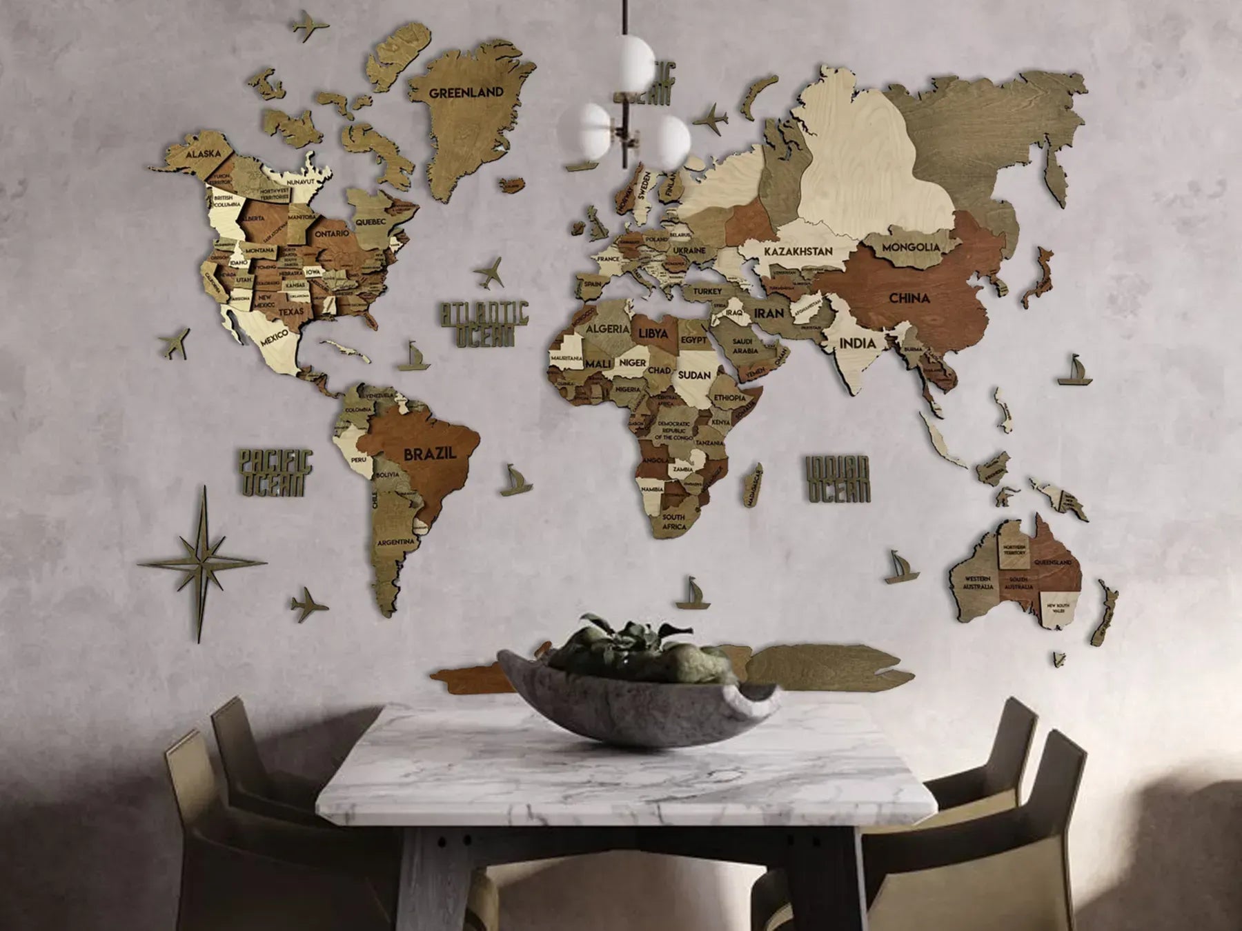 Багатошарова карта світу з дерева колір Memphis