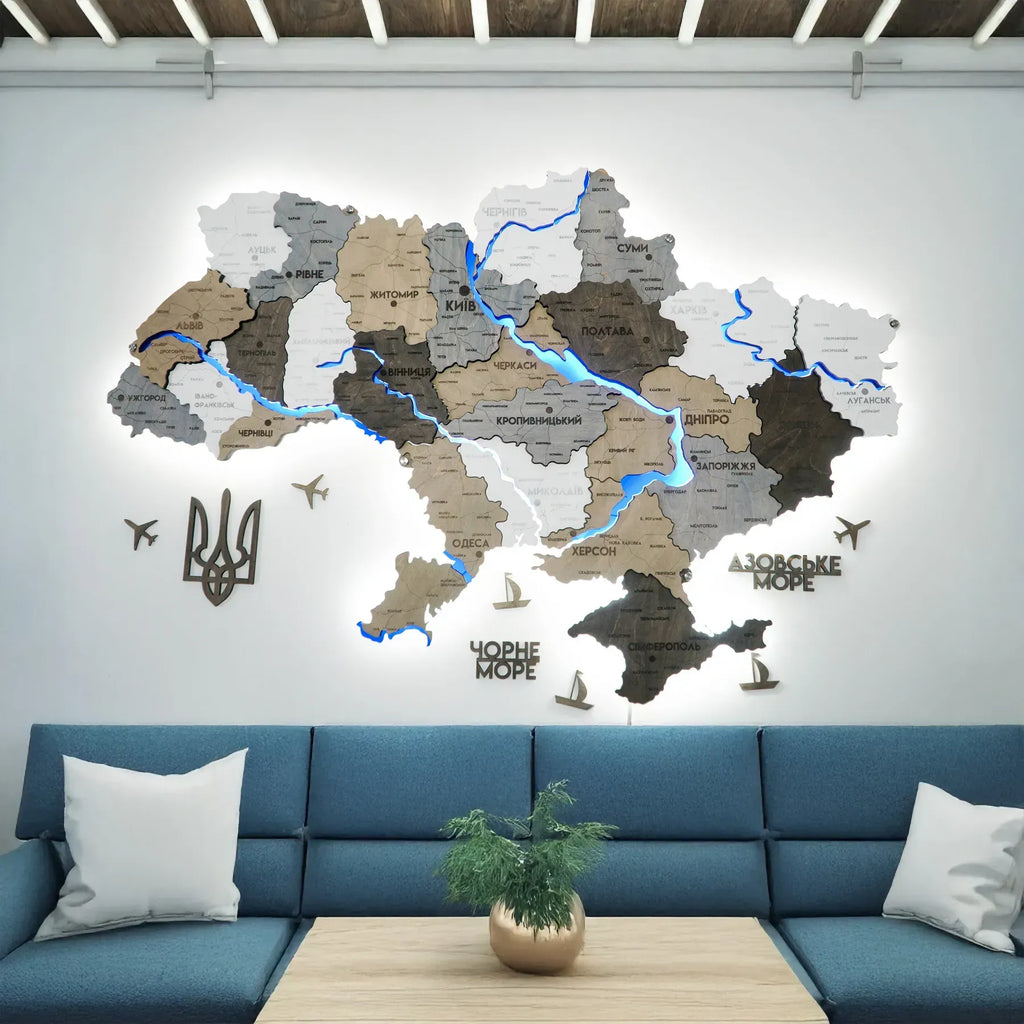 Деталізована карта України 3D з підсвіткою річок та по контуру колір Loft