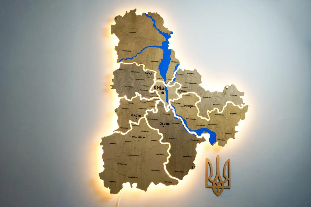 Карта Київської області на акрилі, з підсвіткою між районами, колір Light Tree