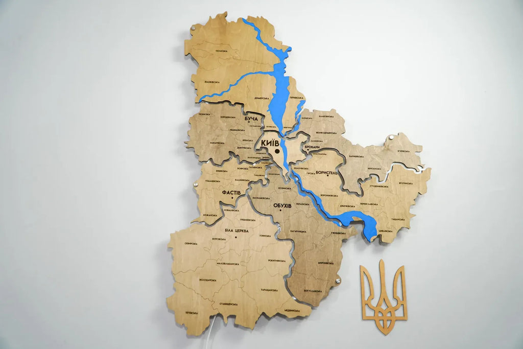 Карта Київської області на акрилі, з підсвіткою між районами, колір Light Tree