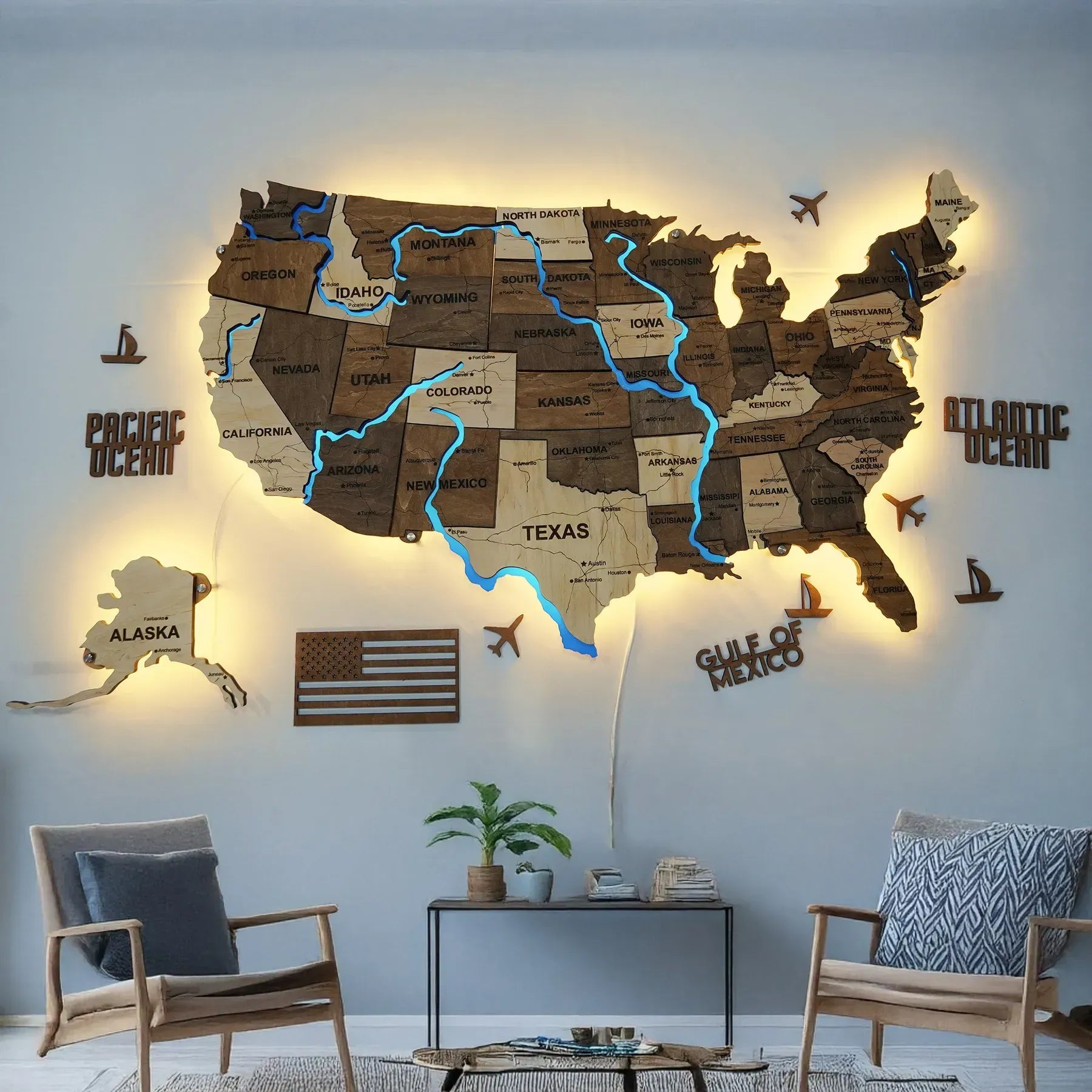 Карта США на акрилі, з дорогами та підсвіткою річок та по контуру, колір Wander