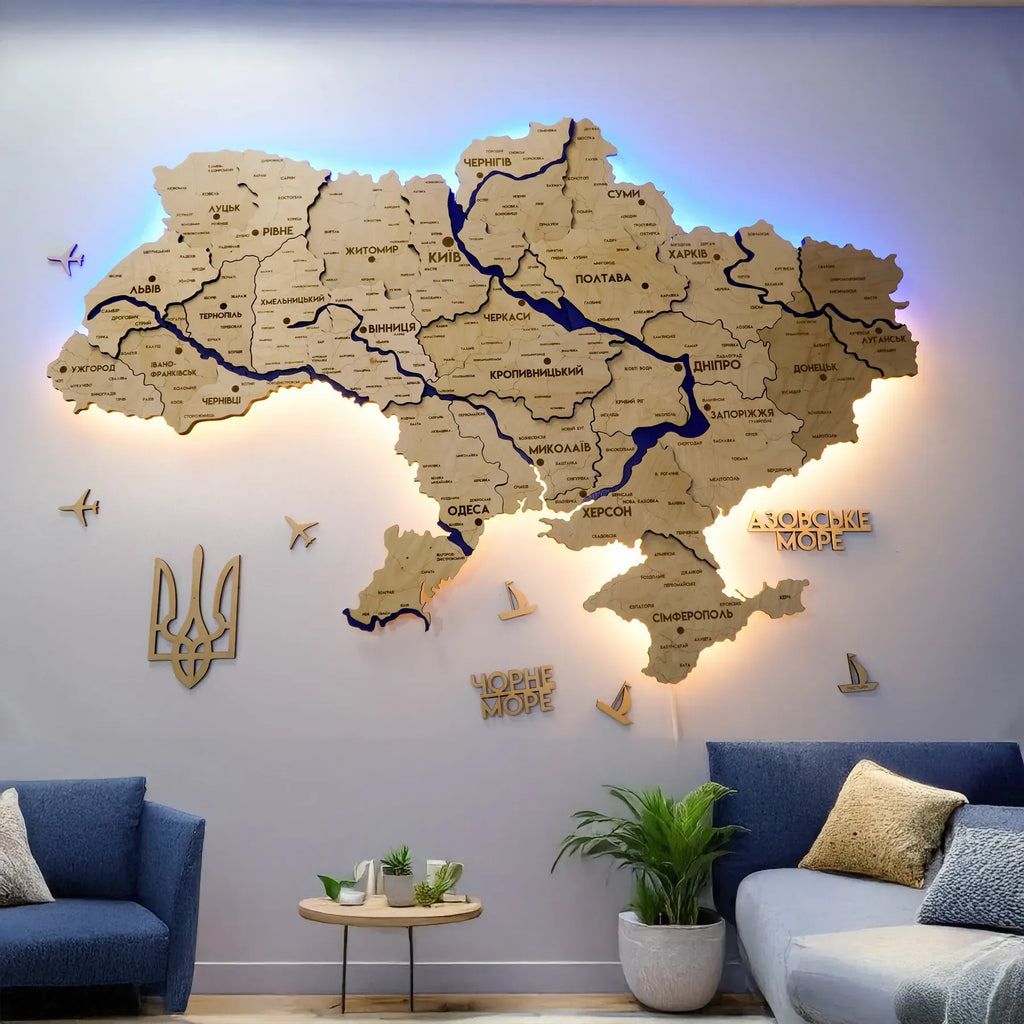 Карта України багатошарова 3D з підсвіткою колір Natural
