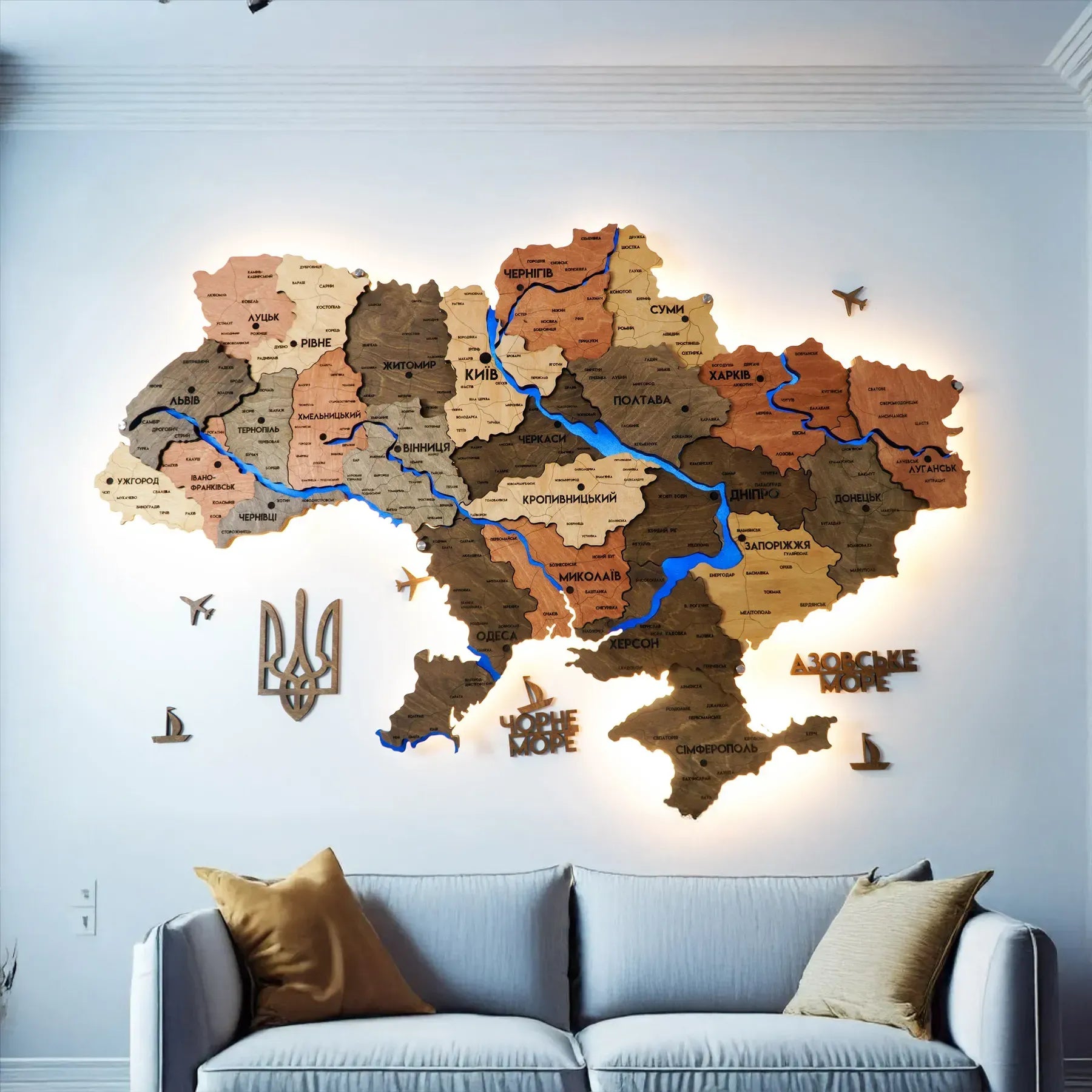 Карта України з підсвіткою річок та по контуру колір Warm river