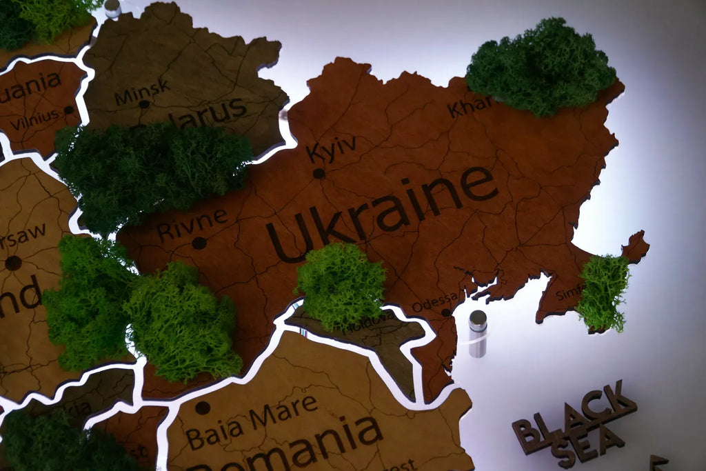 Карта Європи з мохом на акрилі з підсвіткою між країнами колір Warm