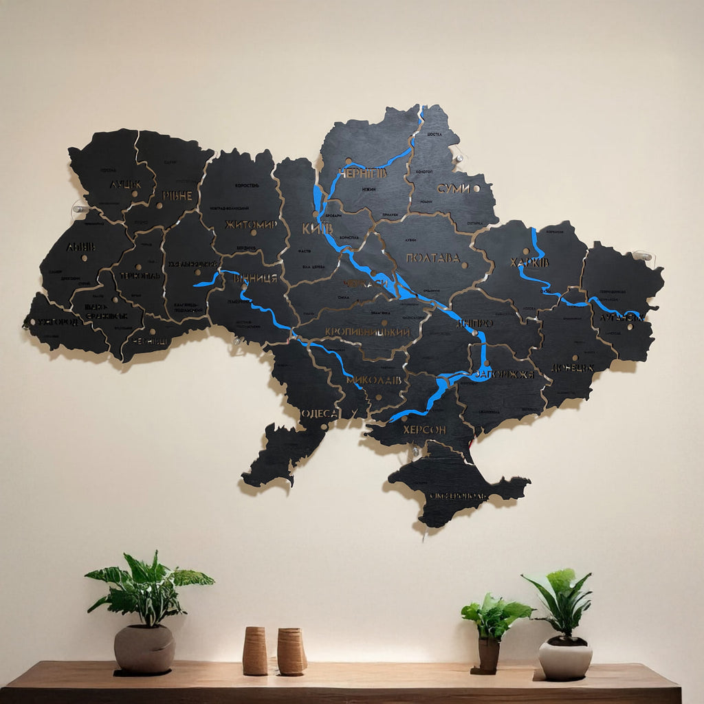 Карта України на акрилі з фарбованими річками та підсвіткою між областями колір Black