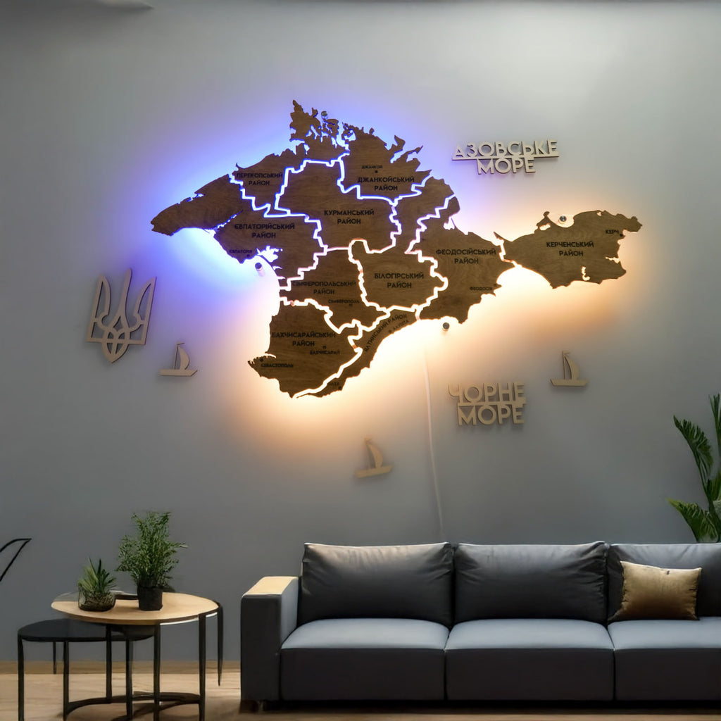 Карта АР Крим на акрилі, з підсвіткою між районами