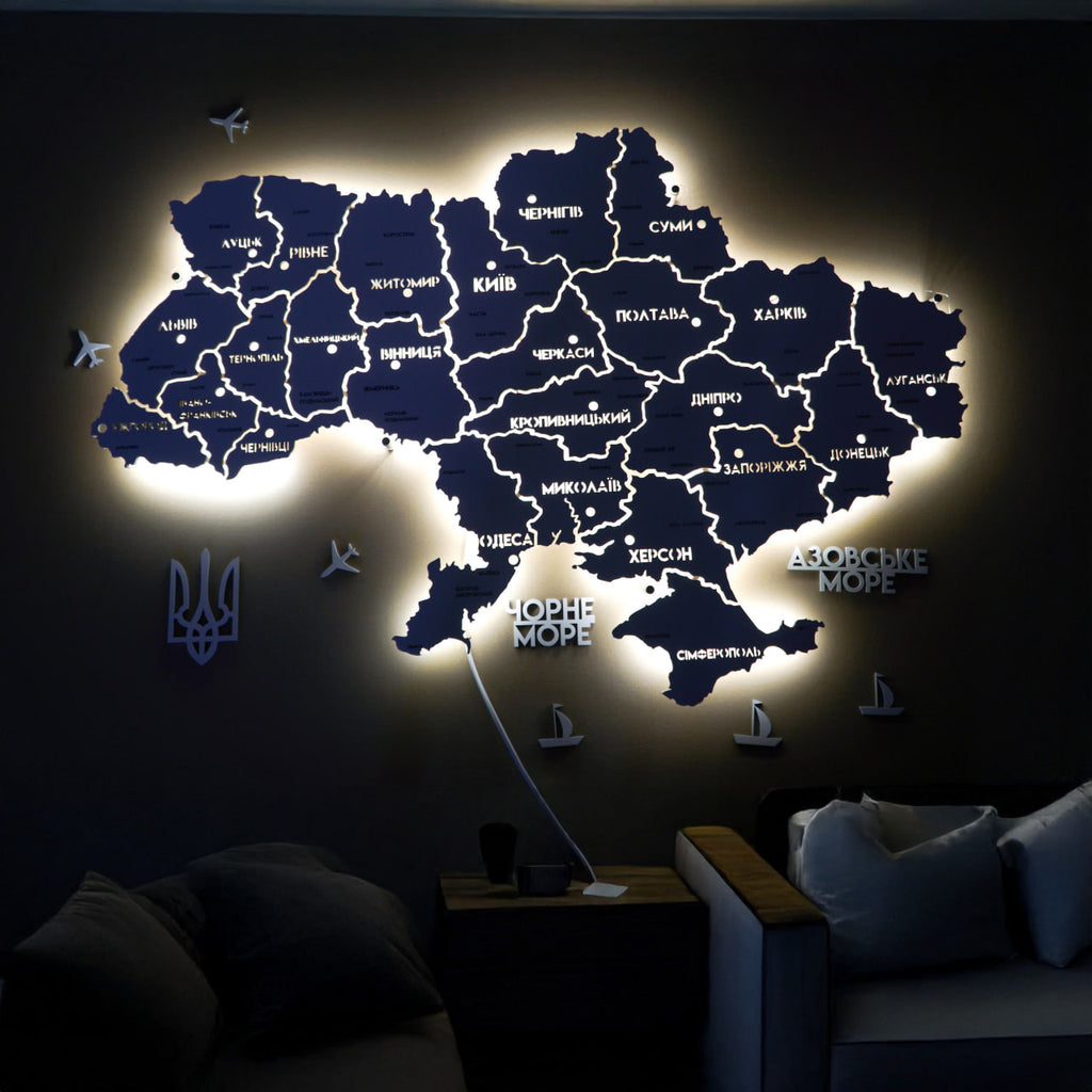 Карта України на акрилі з підсвіткою між областями колір White