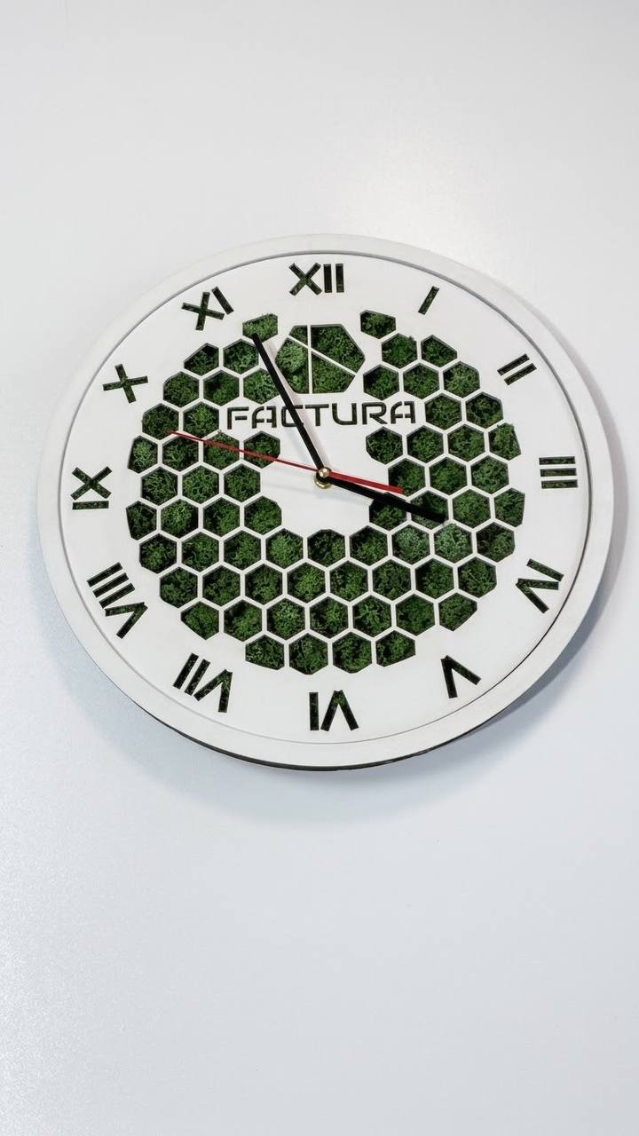 Настінний годинник з натуральним мохом HoneyComb White