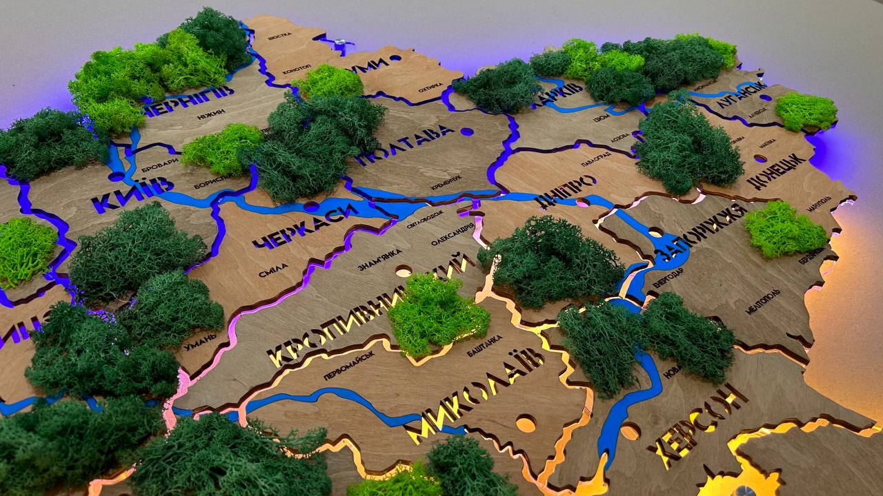 Карта України на акрилі з річками, мохом та підсвіткою між областями колір Light Tree