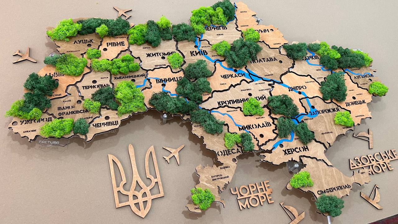 Карта України на акрилі з річками, мохом та підсвіткою між областями колір Light Tree